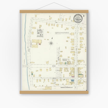 Old map wall art mockup — magnetic wood frame on white wall — Sanborn Fire Insurance Map from Tionesta, Forest County, Pennsylvania (1906), Sheet #0001