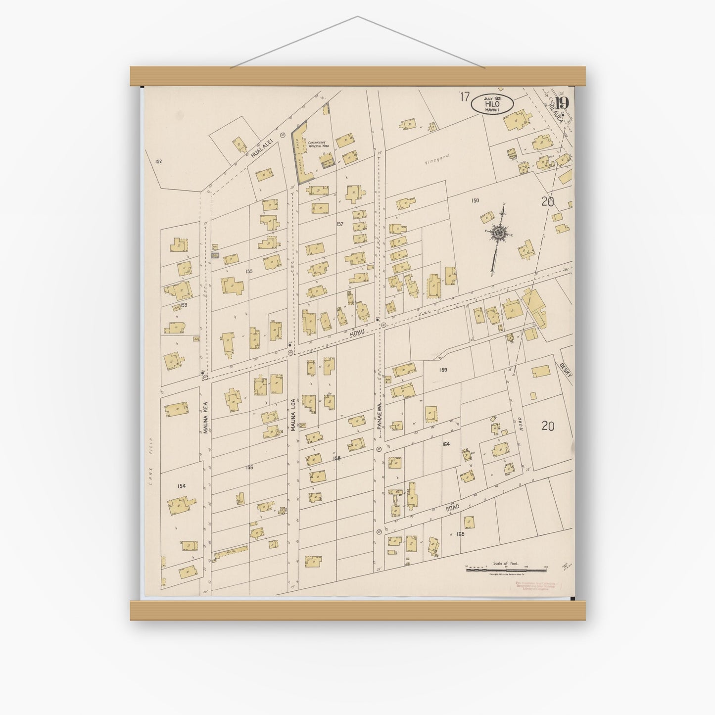 Old map wall art mockup — magnetic wood frame on white wall — Sanborn Fire Insurance Map from Hilo, Hawaii County, Hawaii (1921), Sheet #0019