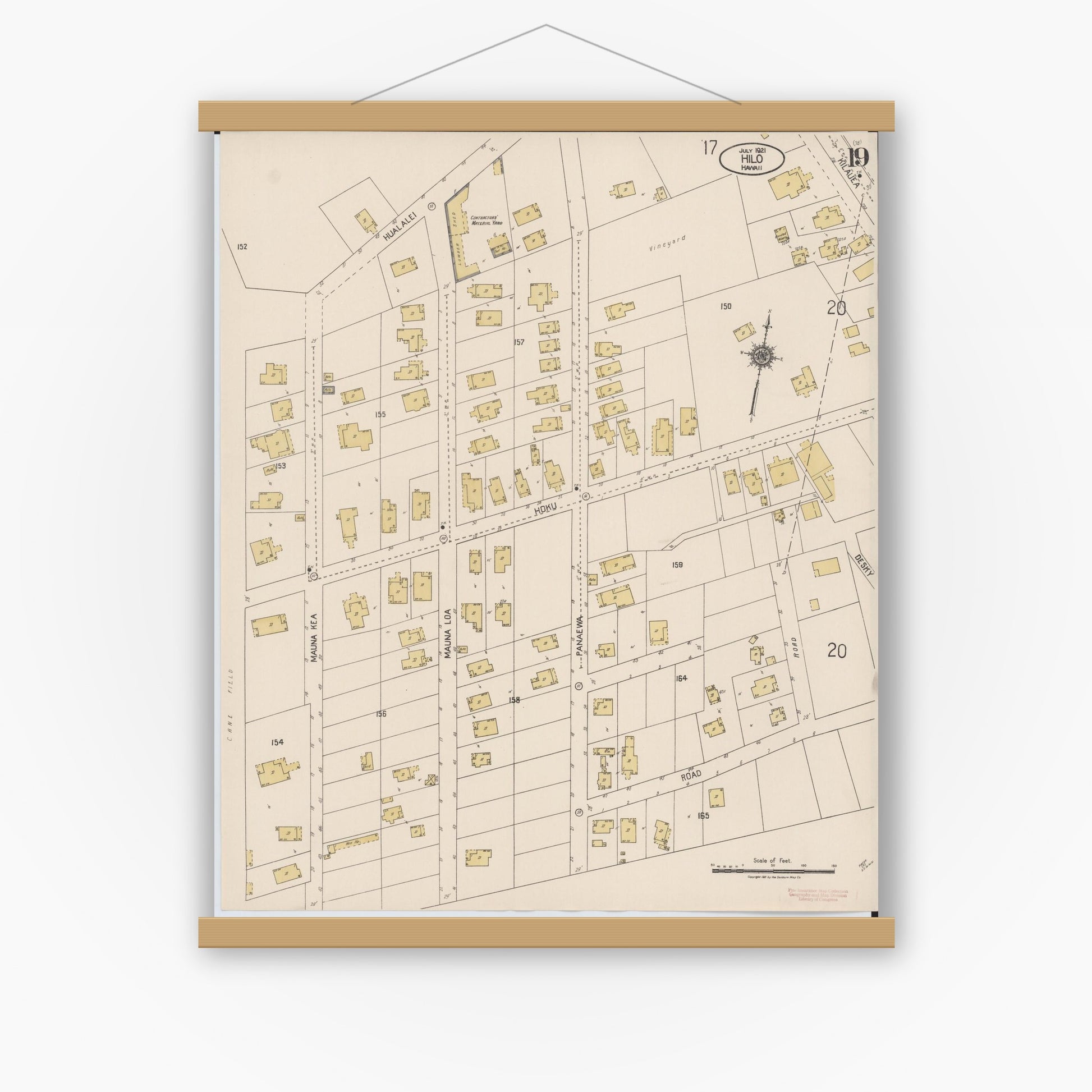 Old map wall art mockup — magnetic wood frame on white wall — Sanborn Fire Insurance Map from Hilo, Hawaii County, Hawaii (1921), Sheet #0019