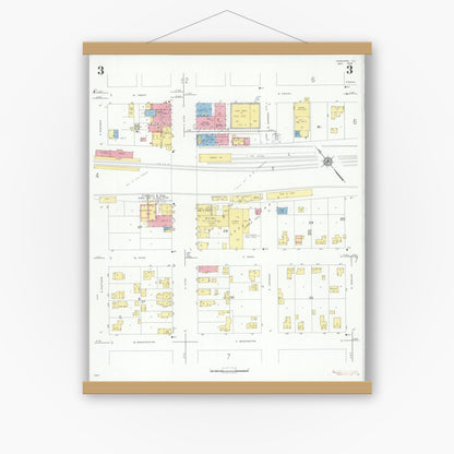 Old map wall art mockup — magnetic wood frame on white wall — Sanborn Fire Insurance Map from Harvard, McHenry County, Illinois (1934), Sheet #0003