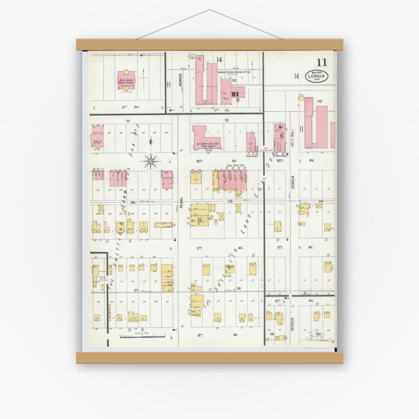 Old map wall art mockup — magnetic wood frame on white wall — Sanborn Fire Insurance Map from Lorain, Lorain County, Ohio (1900), Sheet #0011