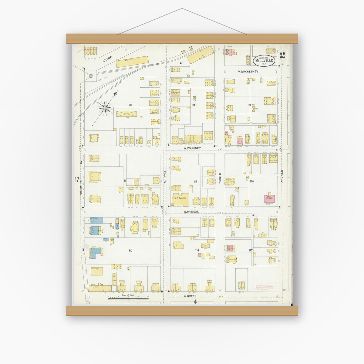 Old map wall art mockup — magnetic wood frame on white wall — Sanborn Fire Insurance Map from Millville, Cumberland County, New Jersey (1903), Sheet #0002