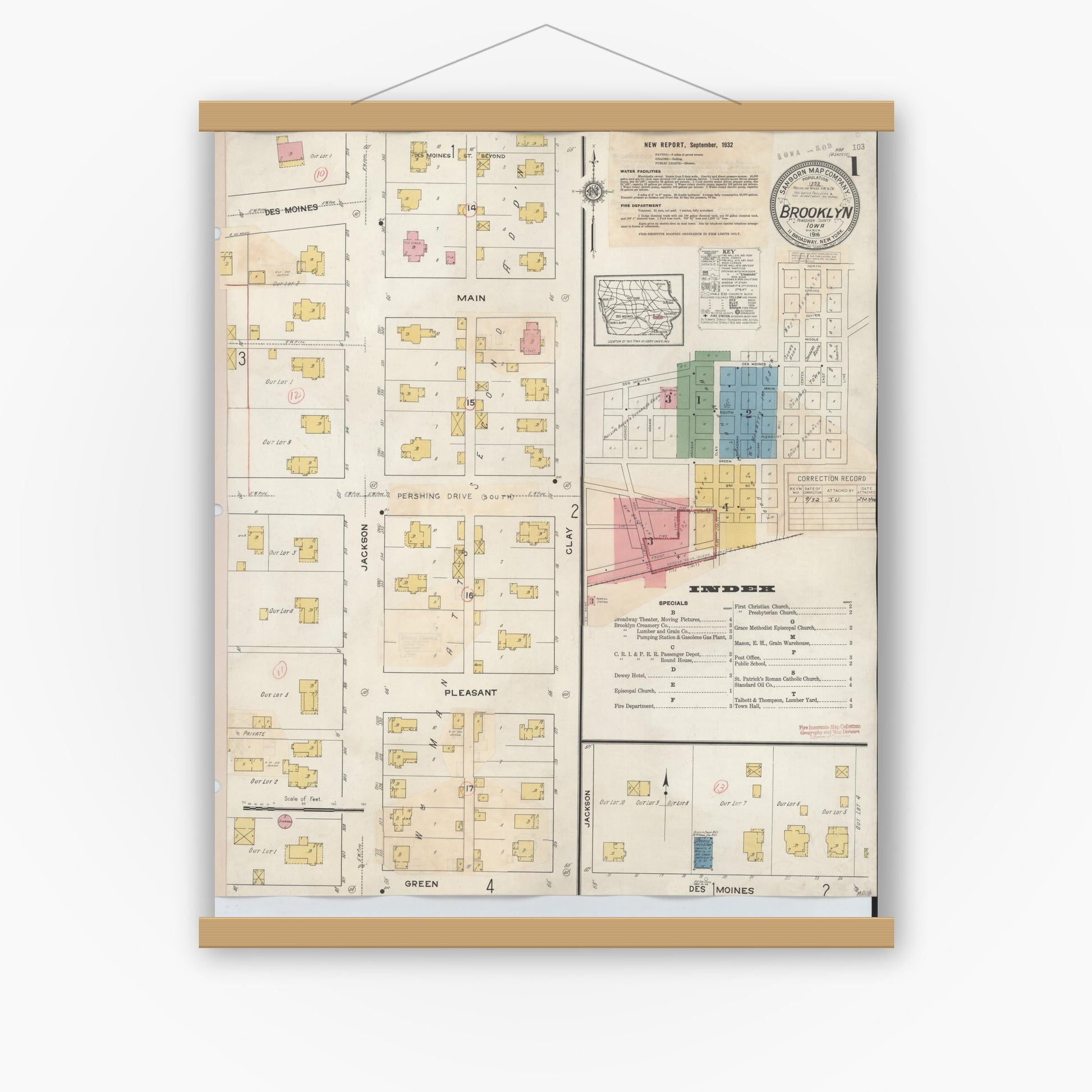 Old map wall art mockup — magnetic wood frame on white wall — Sanborn Fire Insurance Map from Brooklyn, Poweshiek County, Iowa (1932) â€” Complete Set