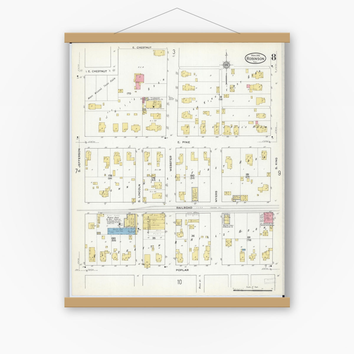 Old map wall art mockup — magnetic wood frame on white wall — Sanborn Fire Insurance Map from Robinson, Crawford County, Illinois (1916), Sheet #0008
