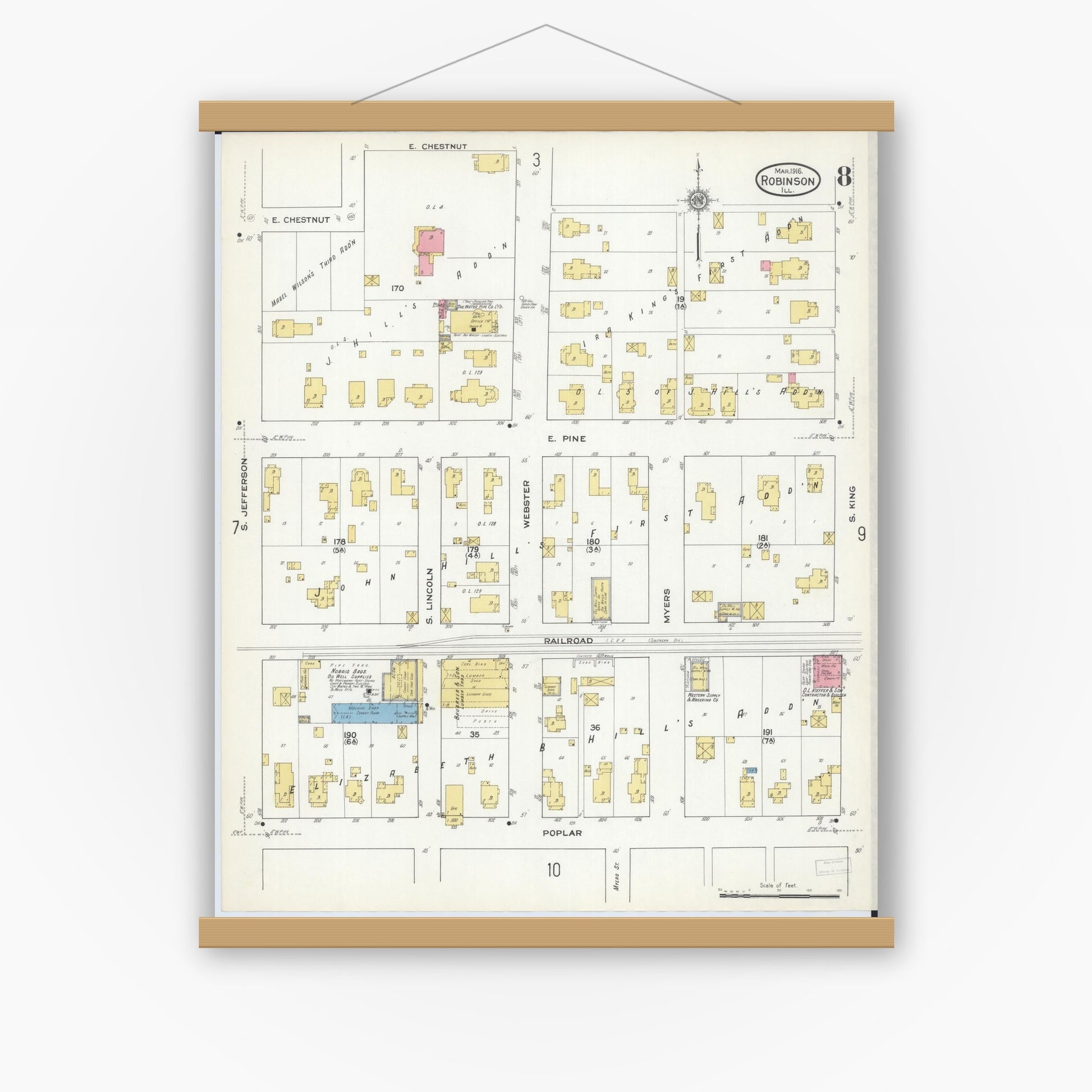 Old map wall art mockup — magnetic wood frame on white wall — Sanborn Fire Insurance Map from Robinson, Crawford County, Illinois (1916), Sheet #0008