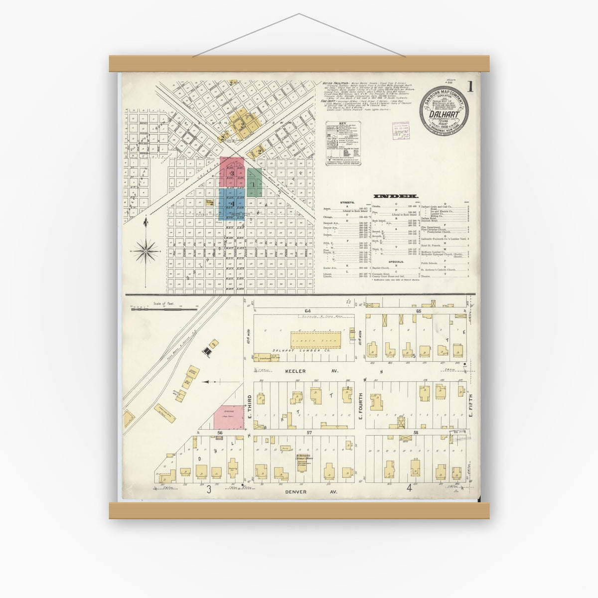 Old map wall art mockup — magnetic wood frame on white wall — Sanborn Fire Insurance Map from Dalhart, Dallam And Hartley County, Texas (1908) - Complete Map Set