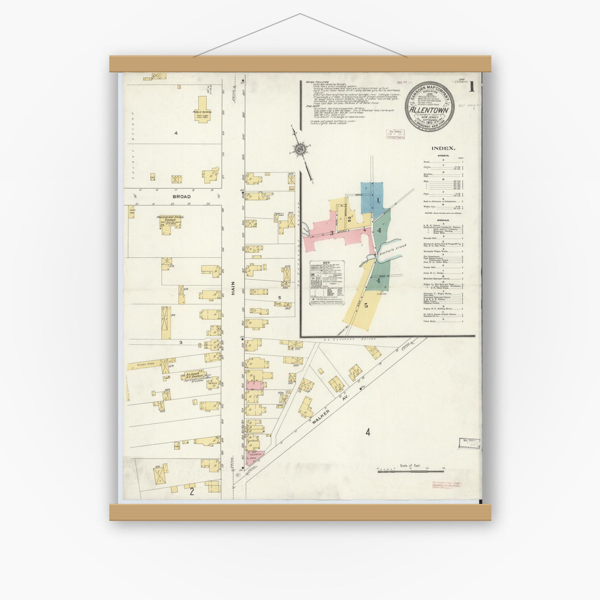 Old map wall art mockup — magnetic wood frame on white wall — Sanborn Fire Insurance Map from Allentown, Monmouth County, New Jersey (1910) - Complete Map Set