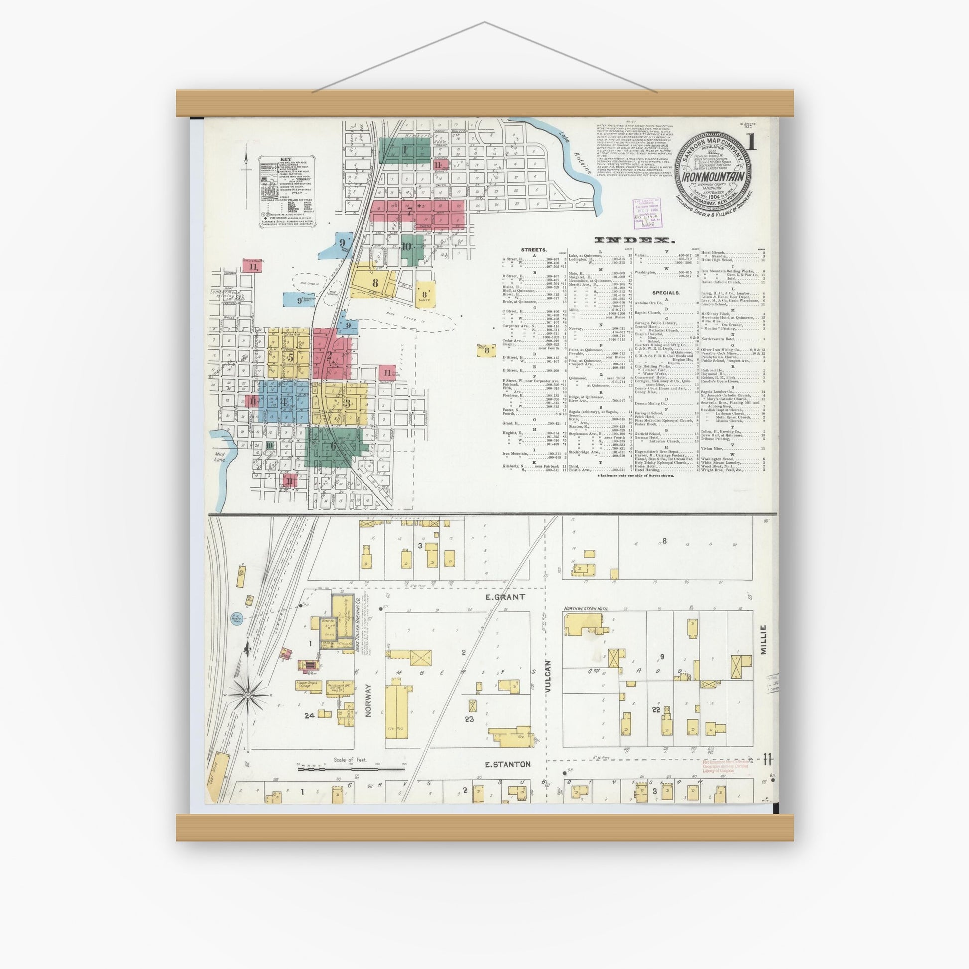 Old map wall art mockup — magnetic wood frame on white wall — Sanborn Fire Insurance Map from Iron Mountain, Dickinson County, Michigan (1904) - Complete Map Set