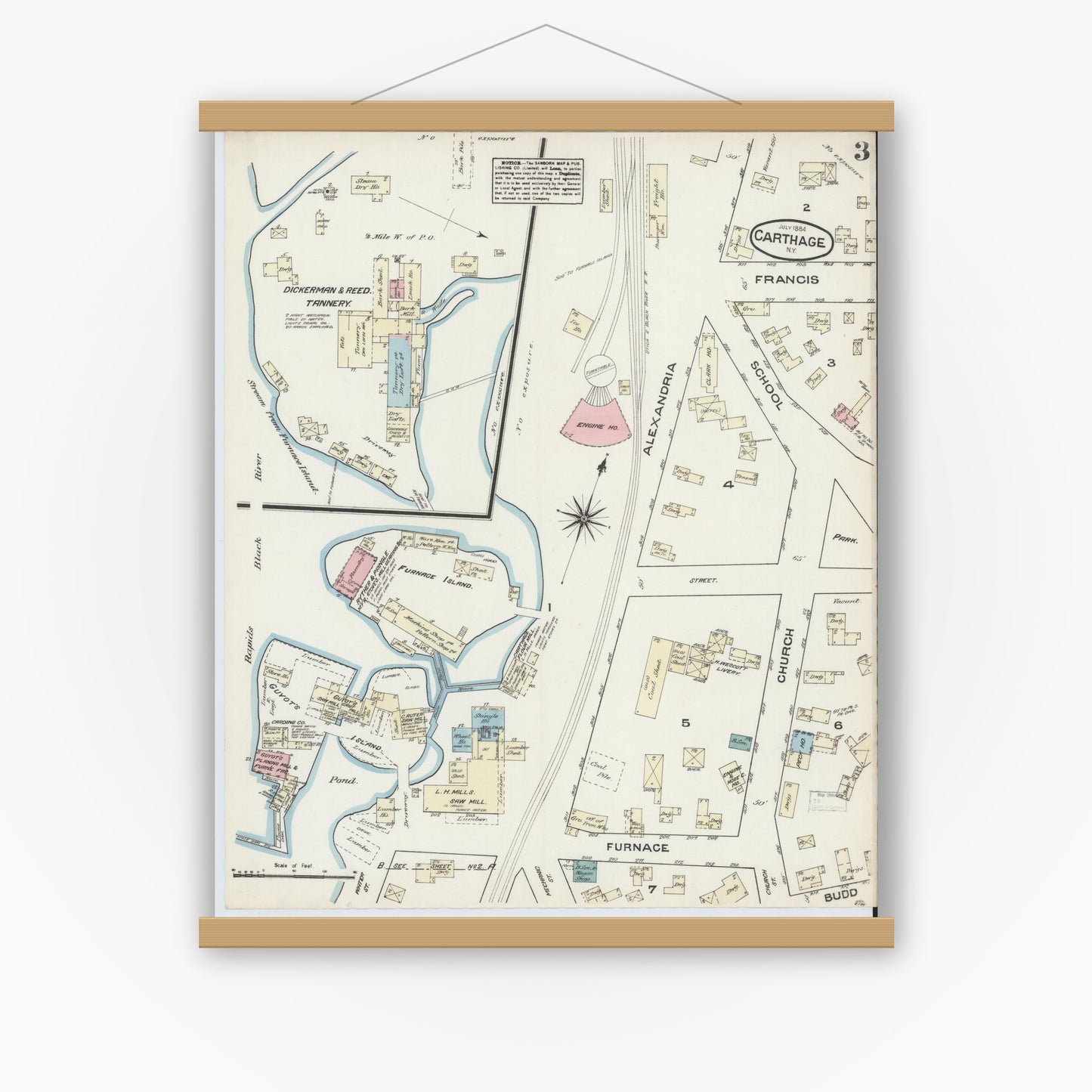 Old map wall art mockup — magnetic wood frame on white wall — Sanborn Fire Insurance Map from Carthage, Jefferson County, New York (1884), Sheet #0003