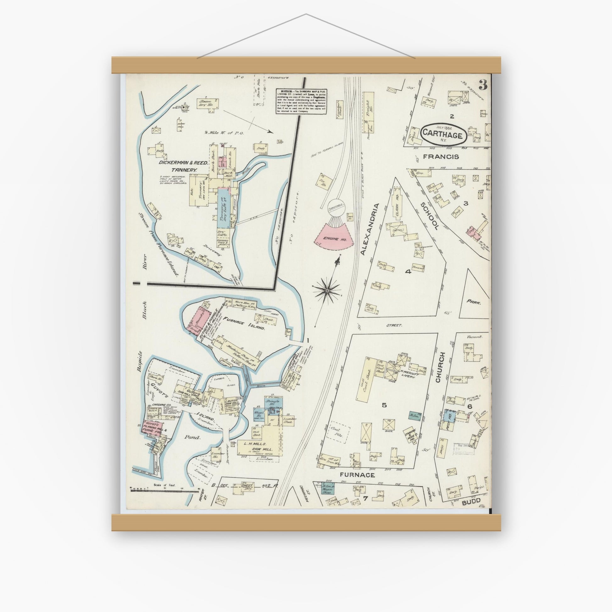 Old map wall art mockup — magnetic wood frame on white wall — Sanborn Fire Insurance Map from Carthage, Jefferson County, New York (1884), Sheet #0003