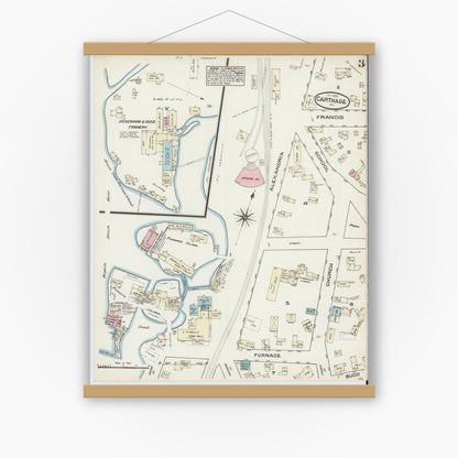 Old map wall art mockup — magnetic wood frame on white wall — Sanborn Fire Insurance Map from Carthage, Jefferson County, New York (1884), Sheet #0003