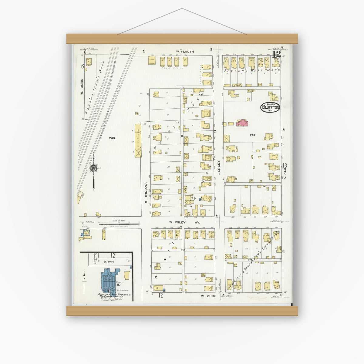 Old map wall art mockup — magnetic wood frame on white wall — Sanborn Fire Insurance Map from Bluffton, Wells County, Indiana (1919), Sheet #0012