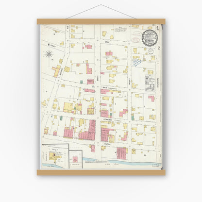 Old map wall art mockup — magnetic wood frame on white wall — Sanborn Fire Insurance Map from Newburgh, Warrick County, Indiana (1898) - Complete Map Set