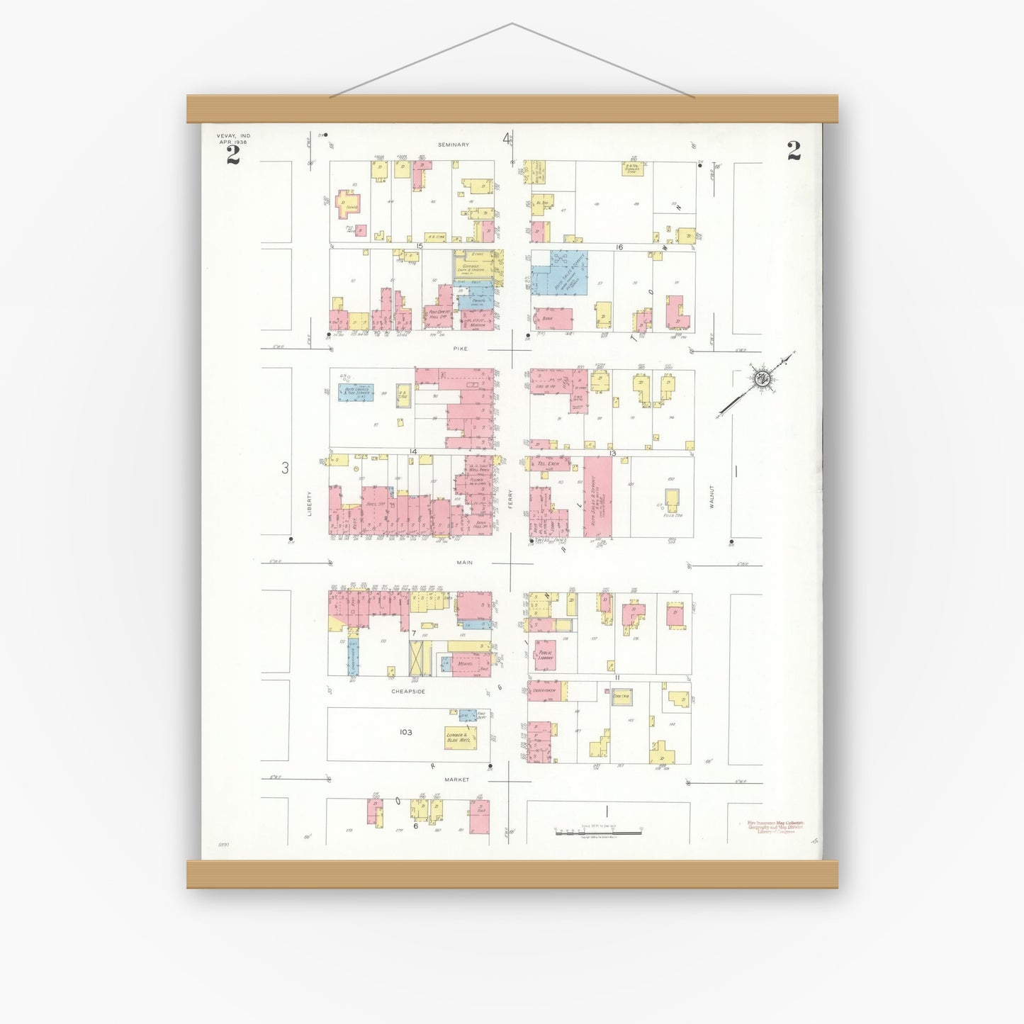Old map wall art mockup — magnetic wood frame on white wall — Sanborn Fire Insurance Map from Vevay, Switzerland County, Indiana (1938), Sheet #0002