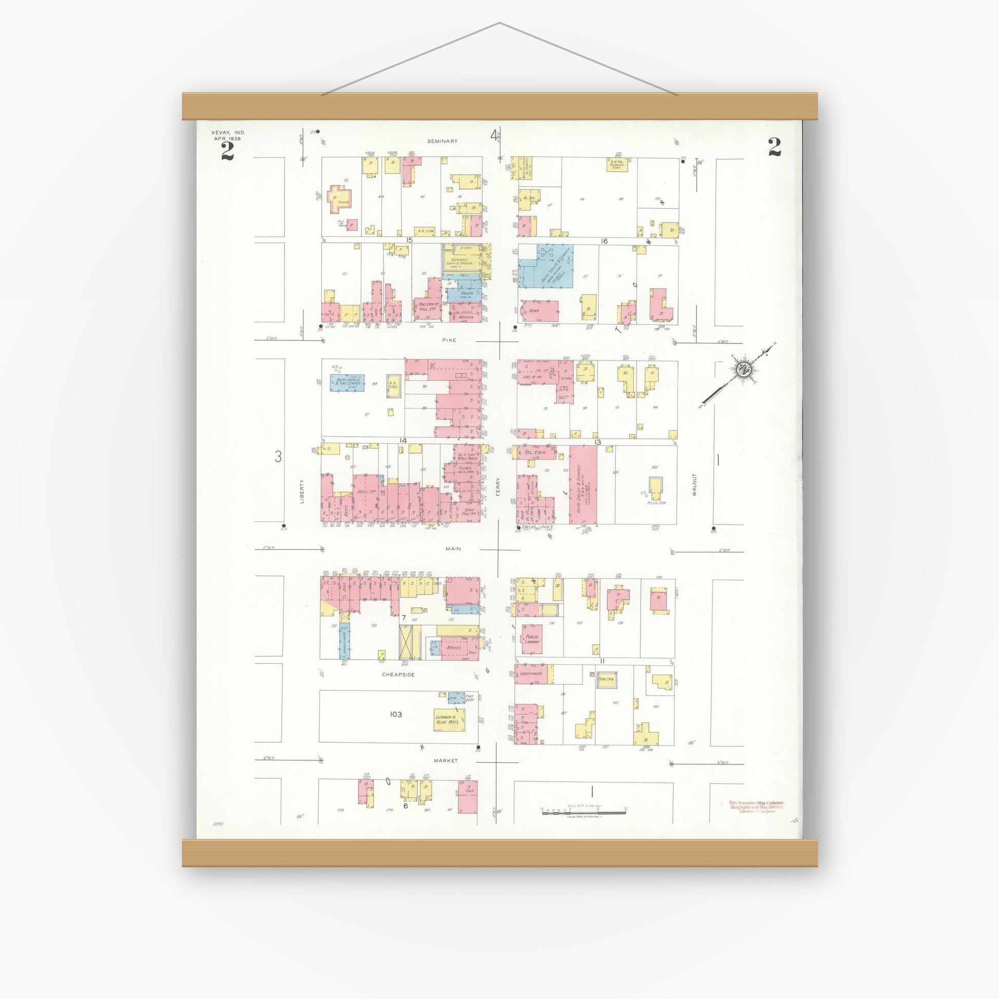 Old map wall art mockup — magnetic wood frame on white wall — Sanborn Fire Insurance Map from Vevay, Switzerland County, Indiana (1938), Sheet #0002