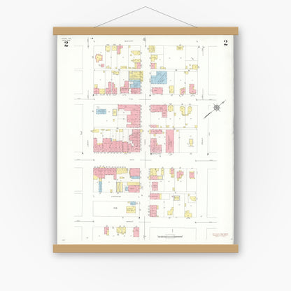 Old map wall art mockup — magnetic wood frame on white wall — Sanborn Fire Insurance Map from Vevay, Switzerland County, Indiana (1938), Sheet #0002