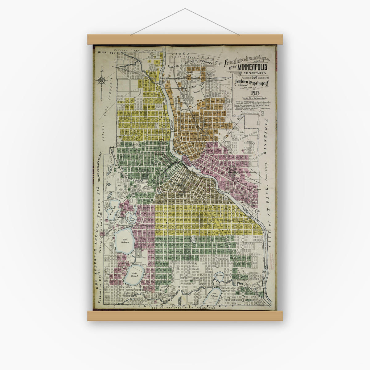 Old map wall art mockup — magnetic wood frame on white wall — Sanborn Fire Insurance Map from Minneapolis, Hennepin County, Minnesota (1913), Sheet #0001