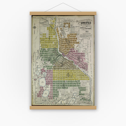 Old map wall art mockup — magnetic wood frame on white wall — Sanborn Fire Insurance Map from Minneapolis, Hennepin County, Minnesota (1913), Sheet #0001