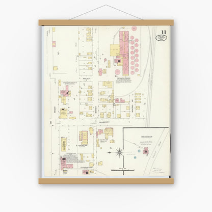 Old map wall art mockup — magnetic wood frame on white wall — Sanborn Fire Insurance Map from Logan, Hocking County, Ohio (1907), Sheet #0011