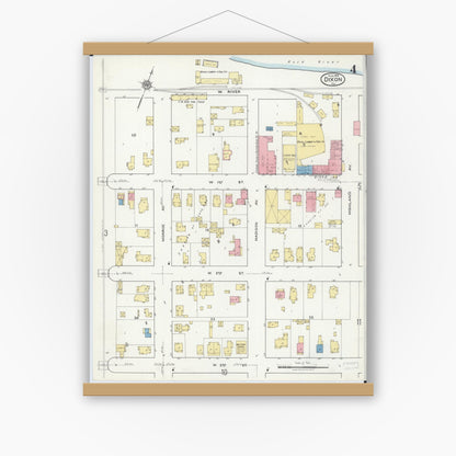Old map wall art mockup — magnetic wood frame on white wall — Sanborn Fire Insurance Map from Dixon, Lee County, Illinois (1918), Sheet #0004
