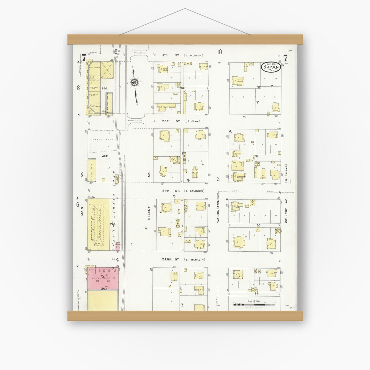 Old map wall art mockup — magnetic wood frame on white wall — Sanborn Fire Insurance Map from Bryan, Brazos County, Texas (1925), Sheet #0007