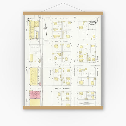 Old map wall art mockup — magnetic wood frame on white wall — Sanborn Fire Insurance Map from Bryan, Brazos County, Texas (1925), Sheet #0007