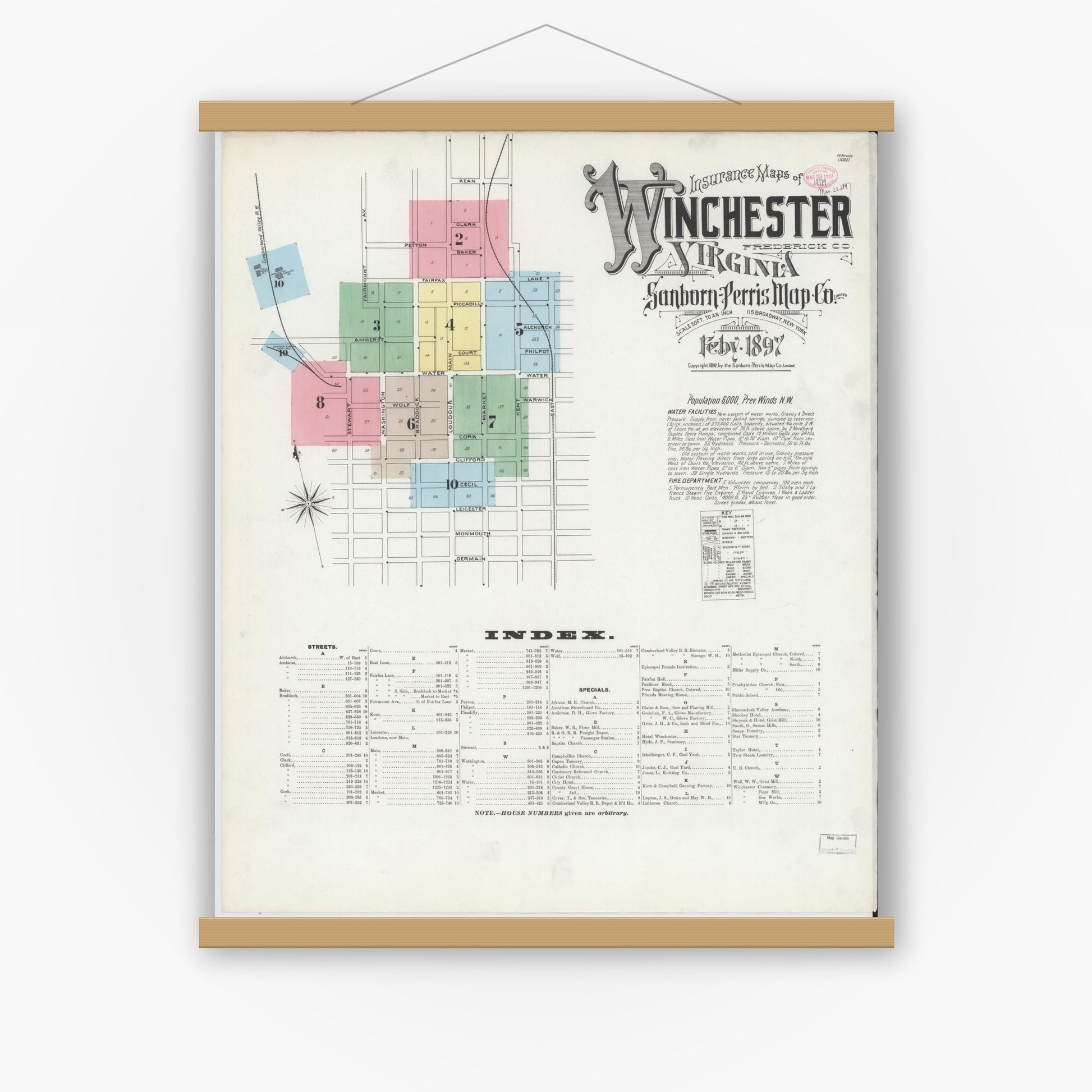 Old map wall art mockup — magnetic wood frame on white wall — Sanborn Fire Insurance Map from Winchester, Independent Cities, Virginia (1897) - Complete Map Set