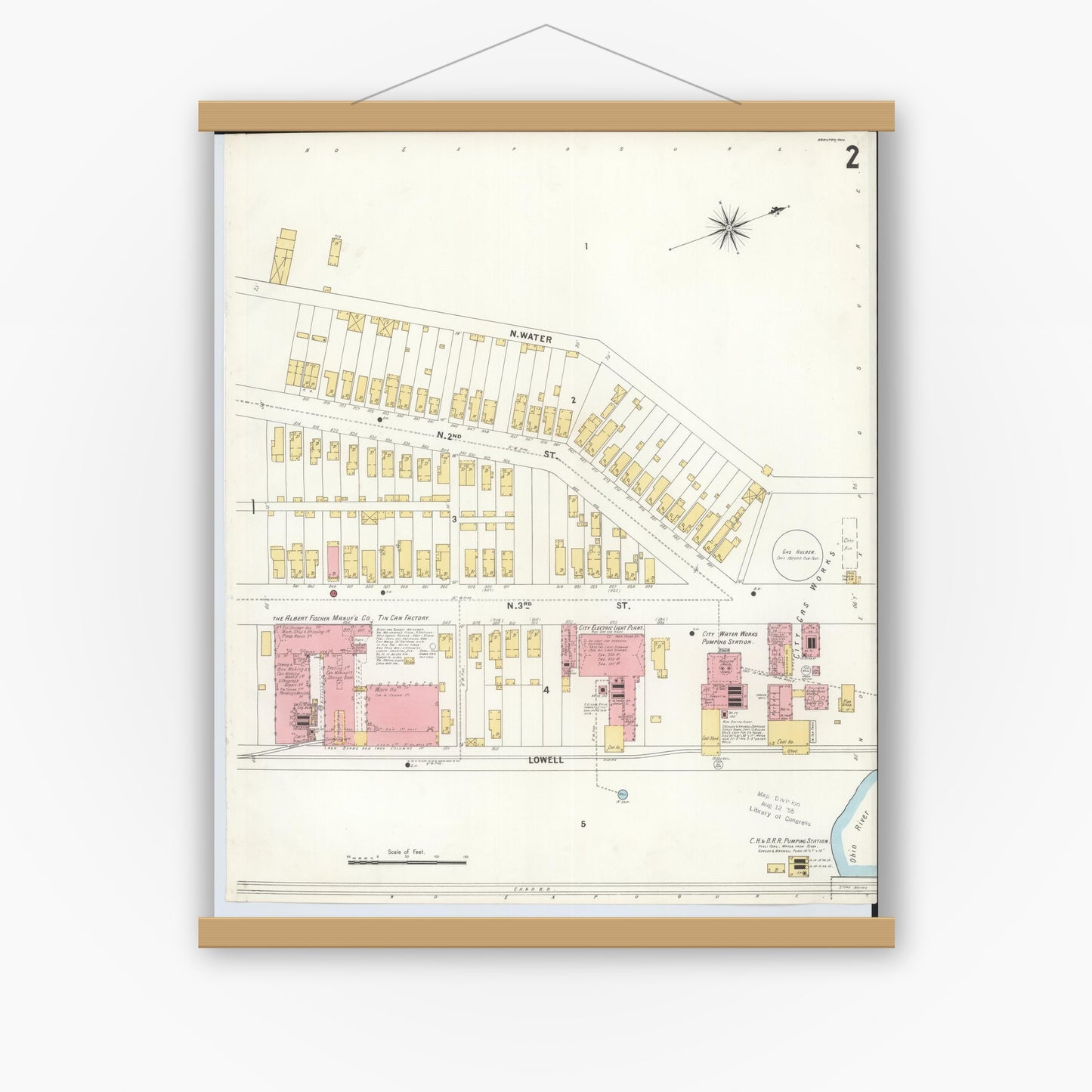 Old map wall art mockup — magnetic wood frame on white wall — Sanborn Fire Insurance Map from Hamilton, Butler County, Ohio (1899), Sheet #0002
