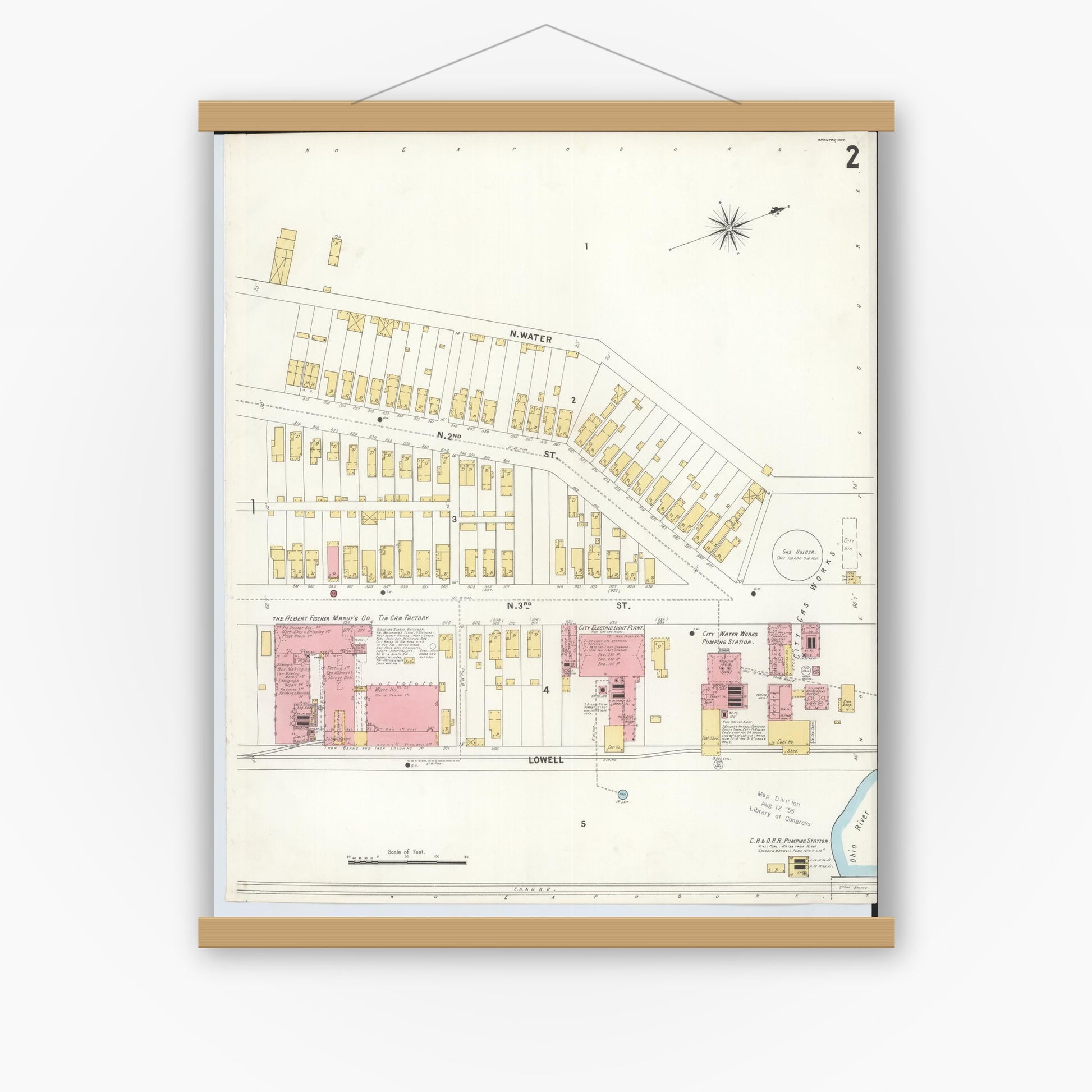 Old map wall art mockup — magnetic wood frame on white wall — Sanborn Fire Insurance Map from Hamilton, Butler County, Ohio (1899), Sheet #0002