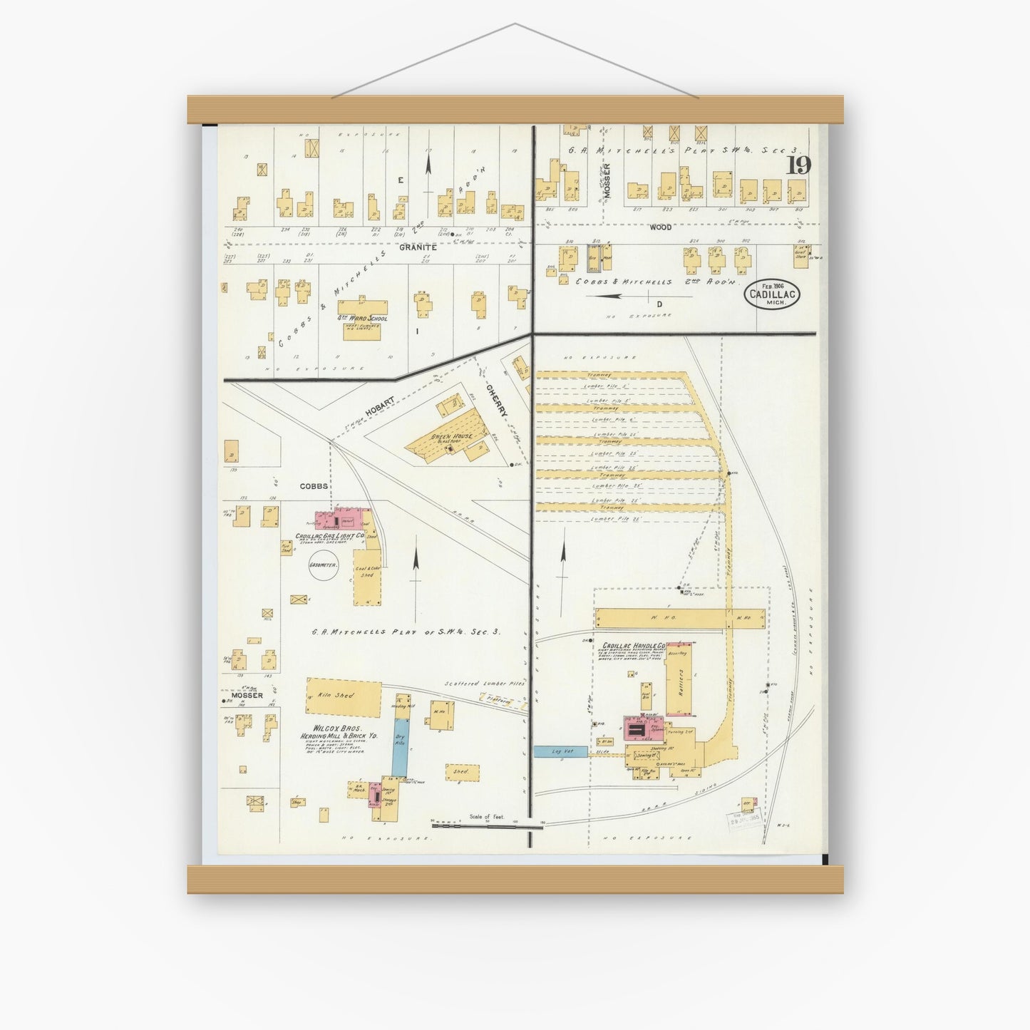 Old map wall art mockup — magnetic wood frame on white wall — Sanborn Fire Insurance Map from Cadillac, Wexford County, Michigan (1906), Sheet #0019