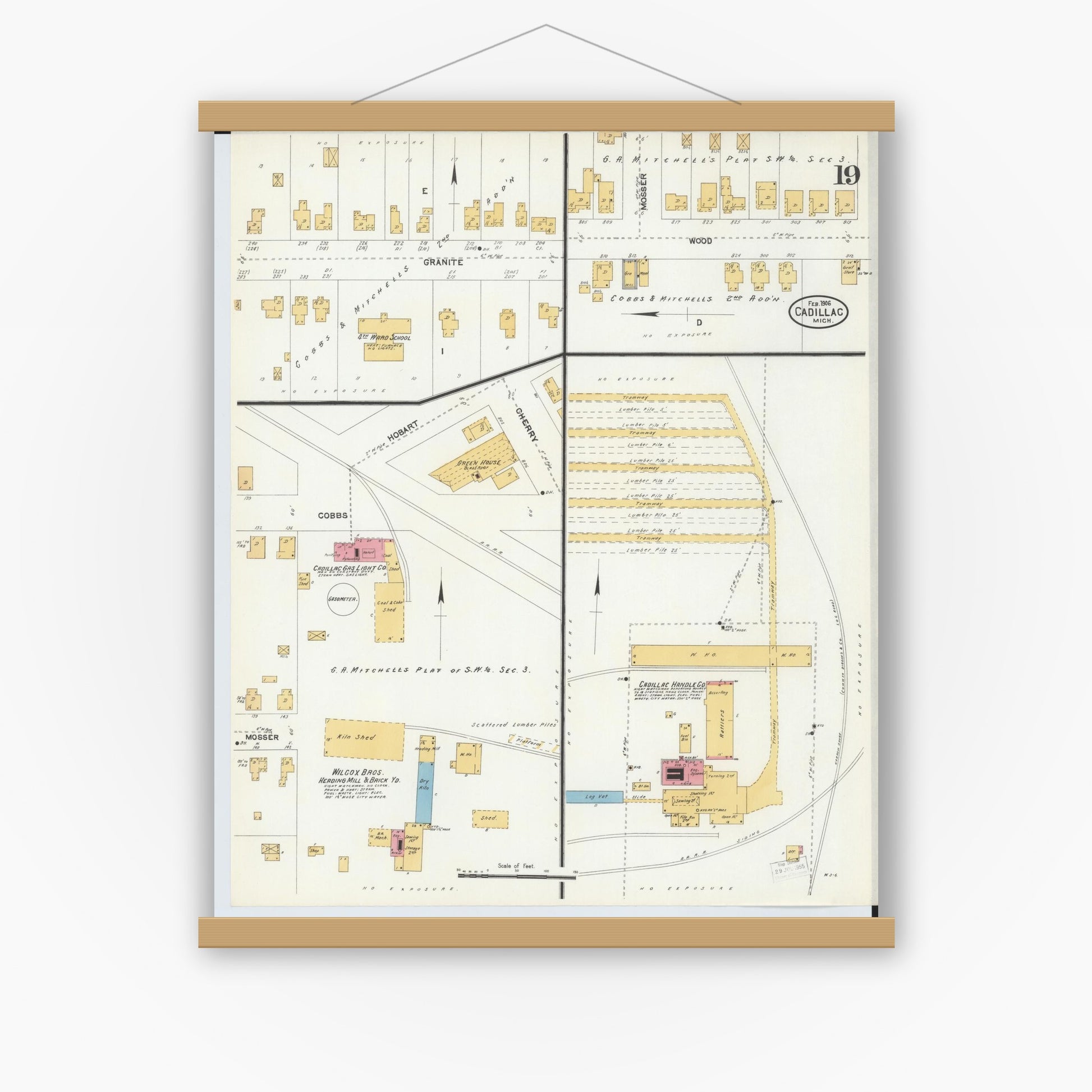 Old map wall art mockup — magnetic wood frame on white wall — Sanborn Fire Insurance Map from Cadillac, Wexford County, Michigan (1906), Sheet #0019