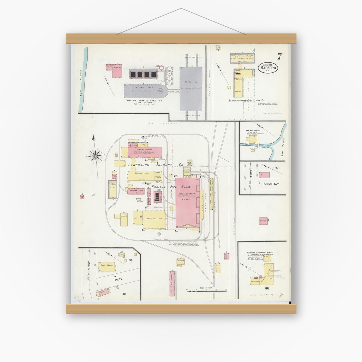 Old map wall art mockup — magnetic wood frame on white wall — Sanborn Fire Insurance Map from Radford, Independent Cities, Virginia (1908), Sheet #0007