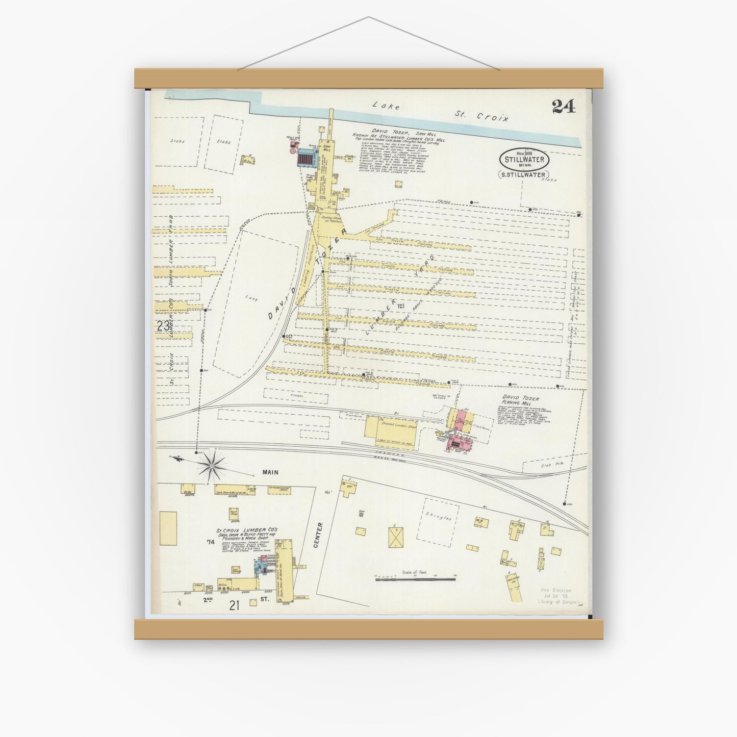 Old map wall art mockup — magnetic wood frame on white wall — Sanborn Fire Insurance Map from Stillwater, Washington County, Minnesota (1898), Sheet #0024
