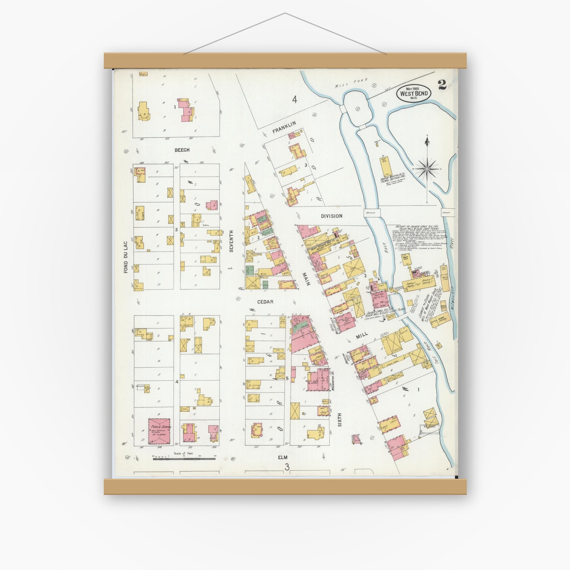 Old map wall art mockup — magnetic wood frame on white wall — Sanborn Fire Insurance Map from West Bend, Washington County, Wisconsin (1900), Sheet #0002