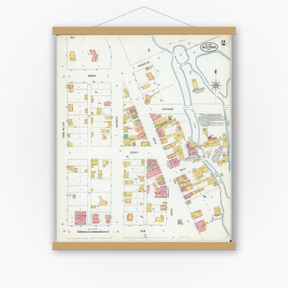 Old map wall art mockup — magnetic wood frame on white wall — Sanborn Fire Insurance Map from West Bend, Washington County, Wisconsin (1900), Sheet #0002