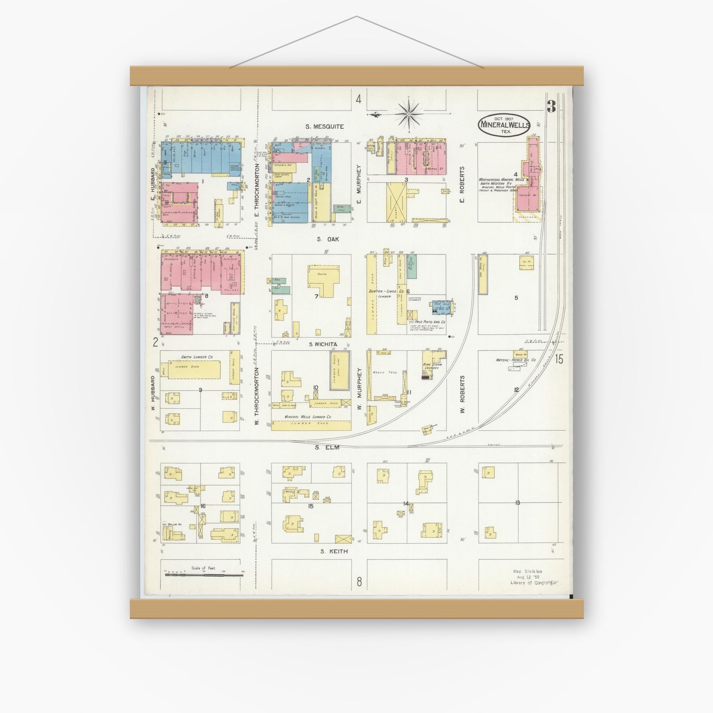 Old map wall art mockup — magnetic wood frame on white wall — Sanborn Fire Insurance Map from Mineral Wells, Palo Pinto County, Texas (1907), Sheet #0003