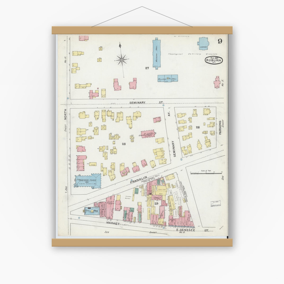 Old map wall art mockup — magnetic wood frame on white wall — Sanborn Fire Insurance Map from Auburn, Cayuga County, New York (1892), Sheet #0009