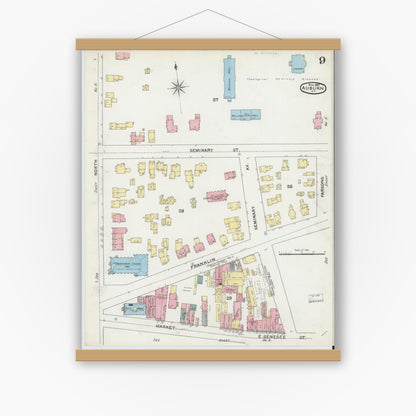 Old map wall art mockup — magnetic wood frame on white wall — Sanborn Fire Insurance Map from Auburn, Cayuga County, New York (1892), Sheet #0009