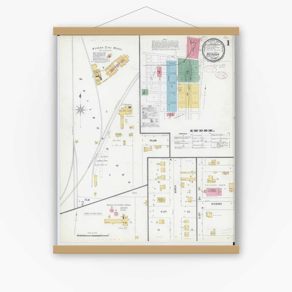 Old map wall art mockup — magnetic wood frame on white wall — Sanborn Fire Insurance Map from Wenona, Marshall County, Illinois (1899) - Complete Map Set