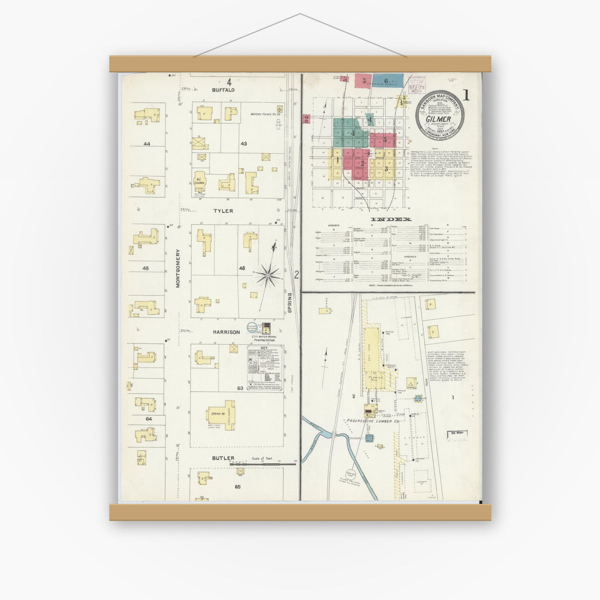 Old map wall art mockup — magnetic wood frame on white wall — Sanborn Fire Insurance Map from Gilmer, Upshur County, Texas (1907), Sheet #0001