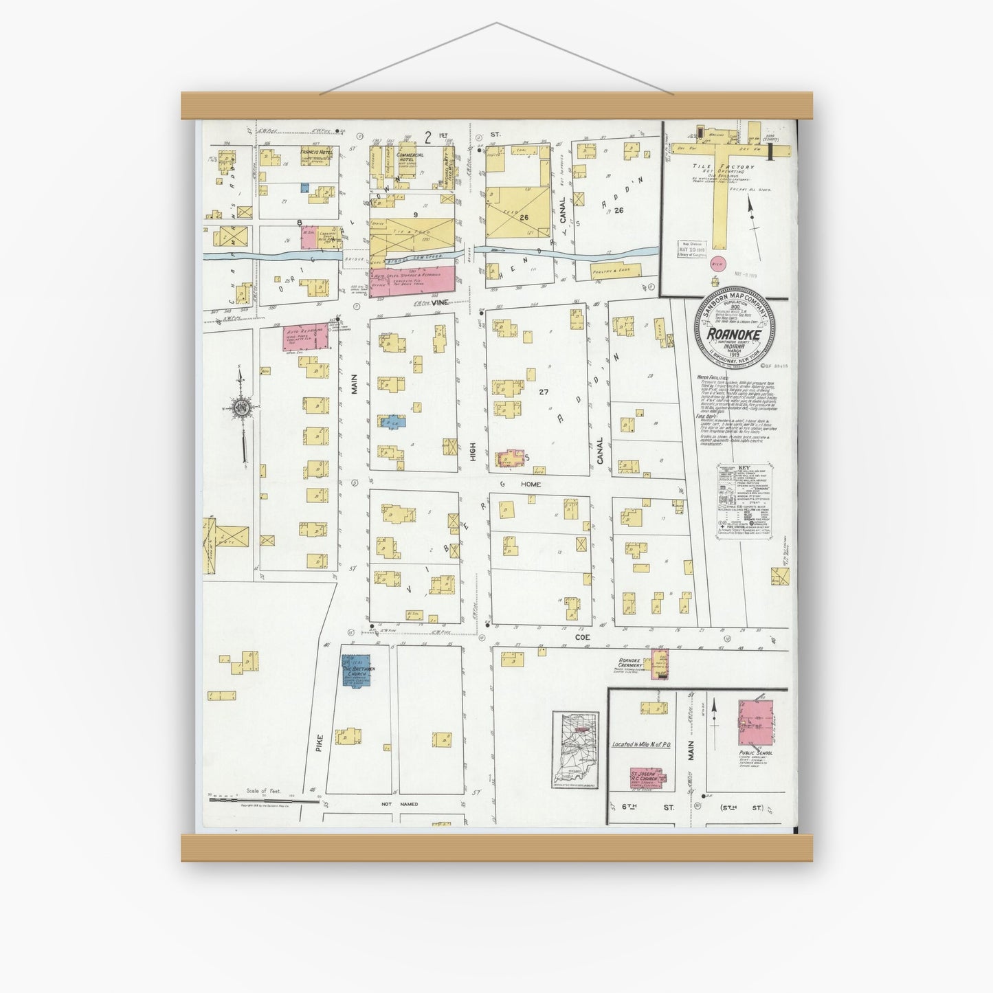 Old map wall art mockup — magnetic wood frame on white wall — Sanborn Fire Insurance Map from Roanoke, Huntington County, Indiana (1919) - Complete Map Set