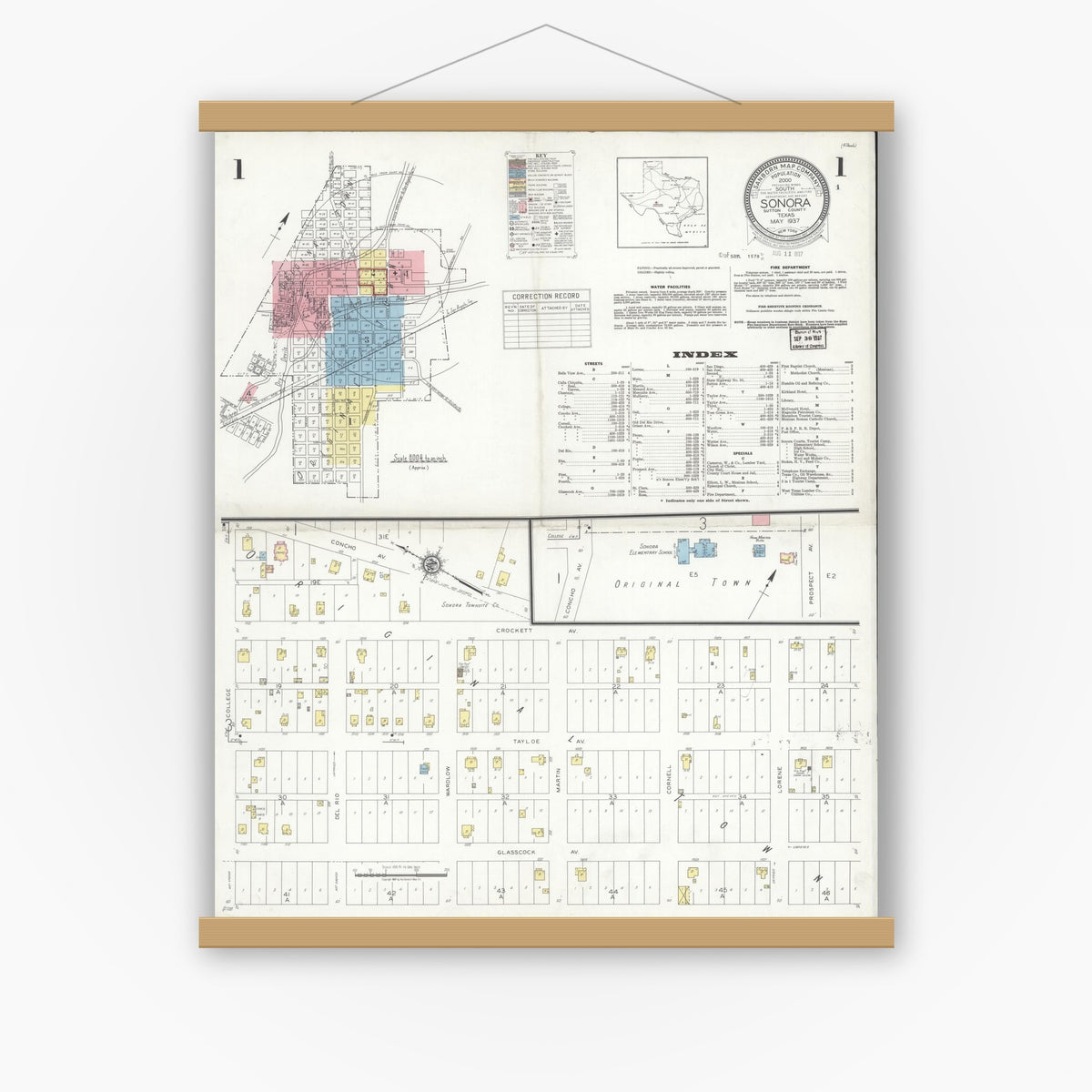 Old map wall art mockup — magnetic wood frame on white wall — Sanborn Fire Insurance Map from Sonora, Sutton County, Texas (1937), Sheet #0001