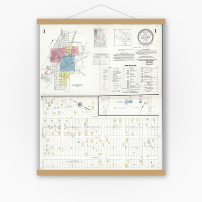 Old map wall art mockup — magnetic wood frame on white wall — Sanborn Fire Insurance Map from Sonora, Sutton County, Texas (1937), Sheet #0001