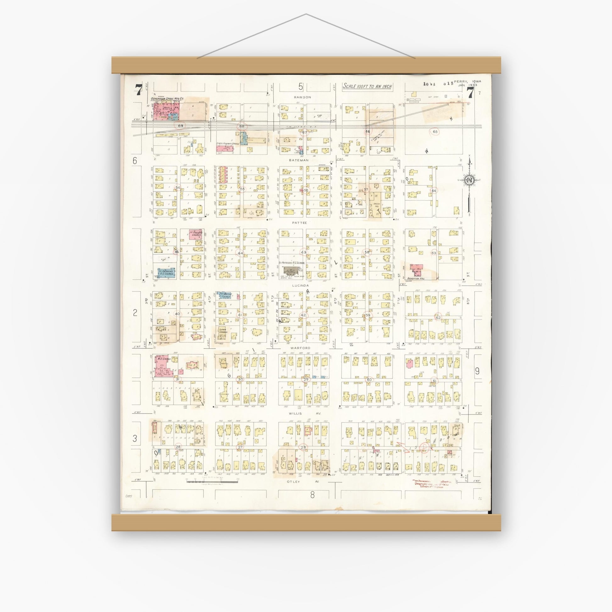 Old map wall art mockup — magnetic wood frame on white wall — Sanborn Fire Insurance Map from Perry, Dallas County, Iowa (1947), Sheet #0007