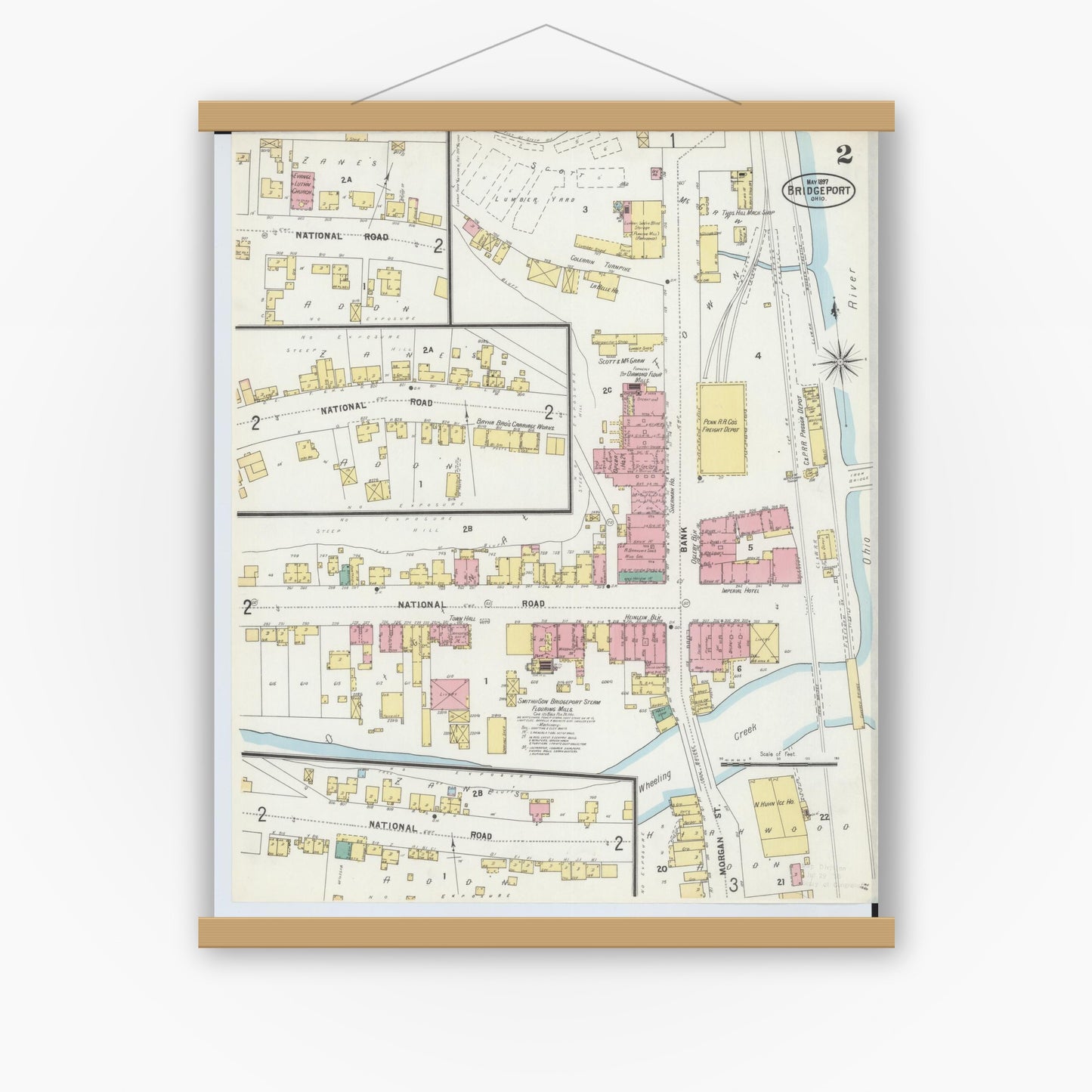 Old map wall art mockup — magnetic wood frame on white wall — Sanborn Fire Insurance Map from Bridgeport, Belmont County, Ohio (1897), Sheet #0002