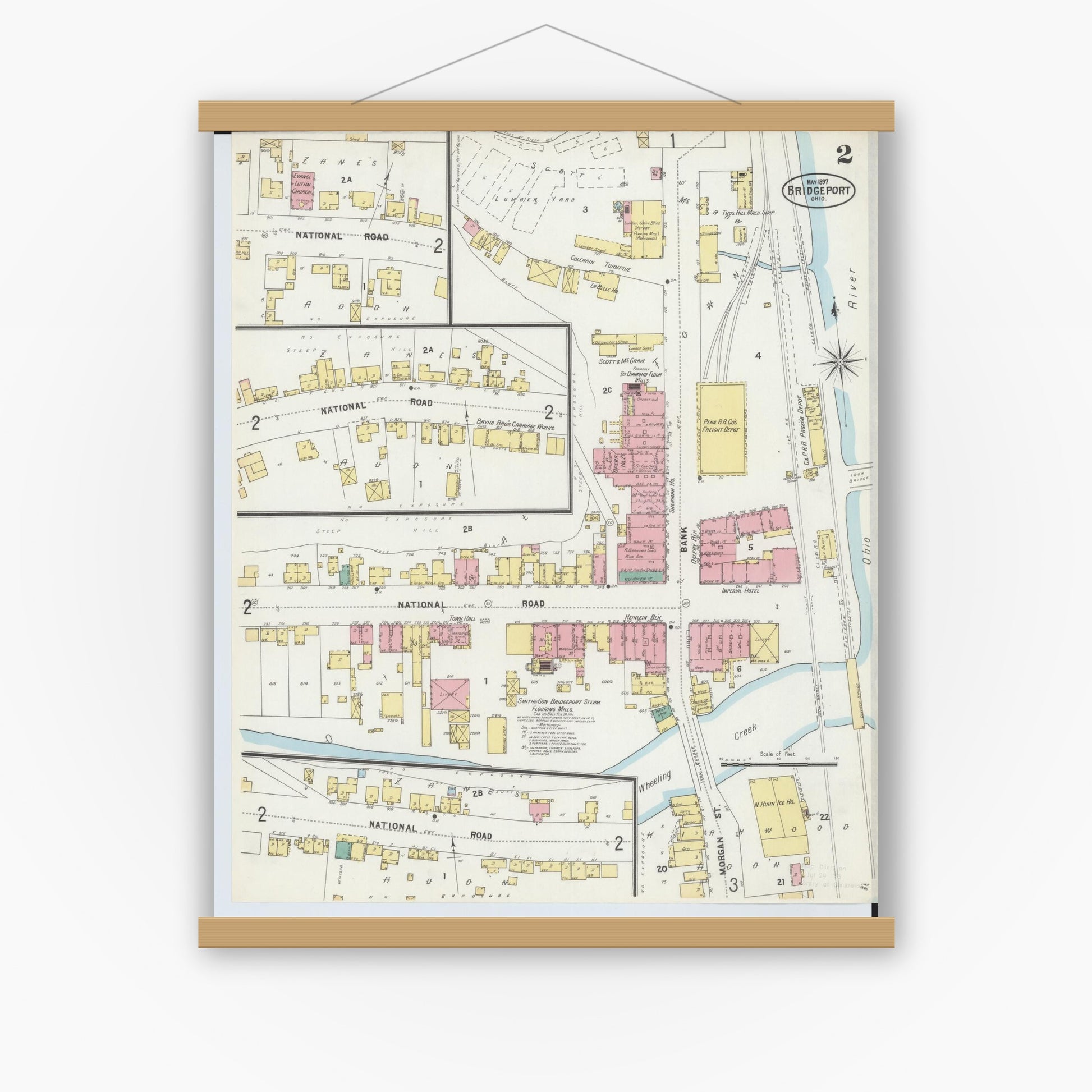 Old map wall art mockup — magnetic wood frame on white wall — Sanborn Fire Insurance Map from Bridgeport, Belmont County, Ohio (1897), Sheet #0002