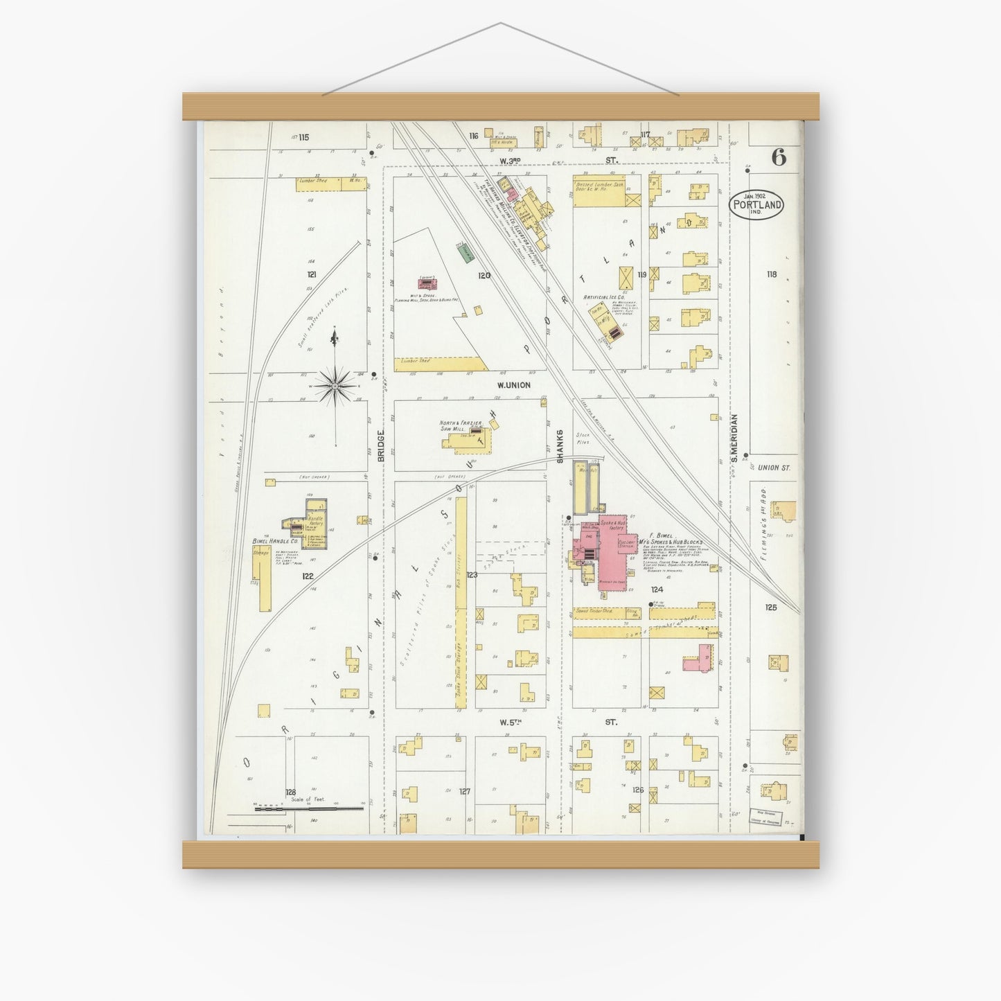 Old map wall art mockup — magnetic wood frame on white wall — Sanborn Fire Insurance Map from Portland, Jay County, Indiana (1902), Sheet #0006