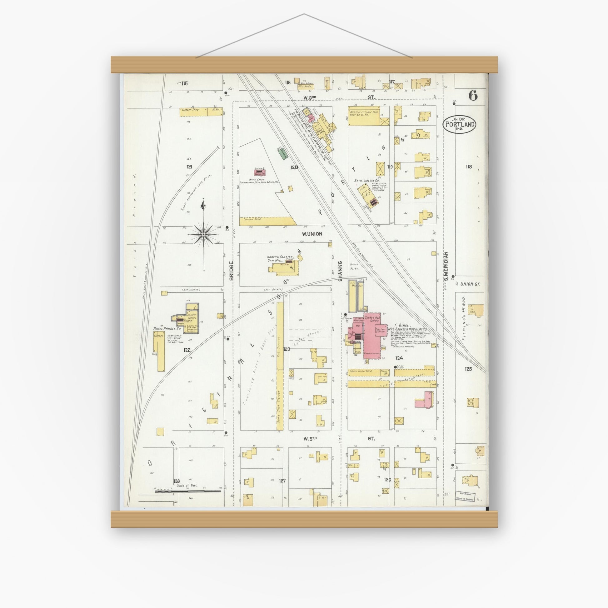 Old map wall art mockup — magnetic wood frame on white wall — Sanborn Fire Insurance Map from Portland, Jay County, Indiana (1902), Sheet #0006