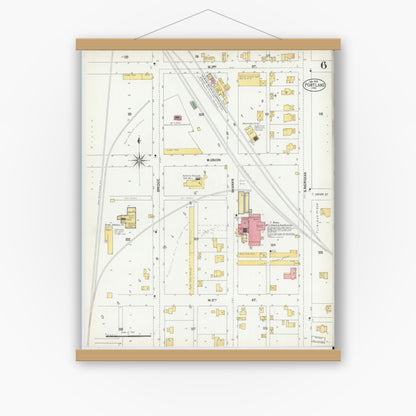 Old map wall art mockup — magnetic wood frame on white wall — Sanborn Fire Insurance Map from Portland, Jay County, Indiana (1902), Sheet #0006