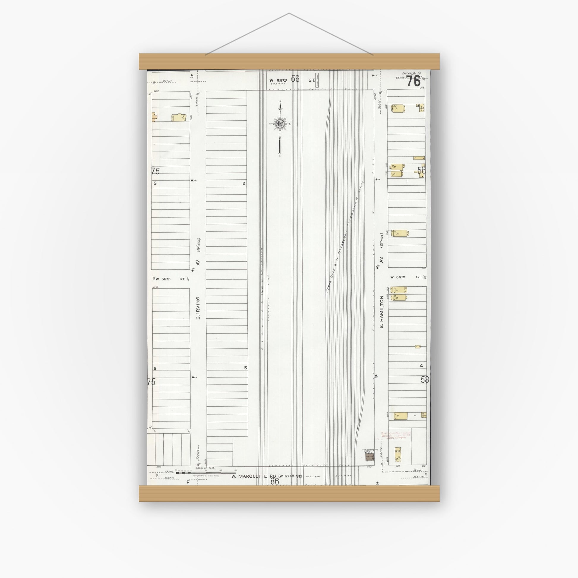 Old map wall art mockup — magnetic wood frame on white wall — Sanborn Fire Insurance Map from Chicago, Cook County, Illinois (1920), Sheet #0076